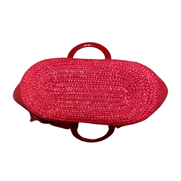 Betmar NY Hot Pink Spring/Summer Straw bag with floral accent and striped lining - Picture 5 of 7